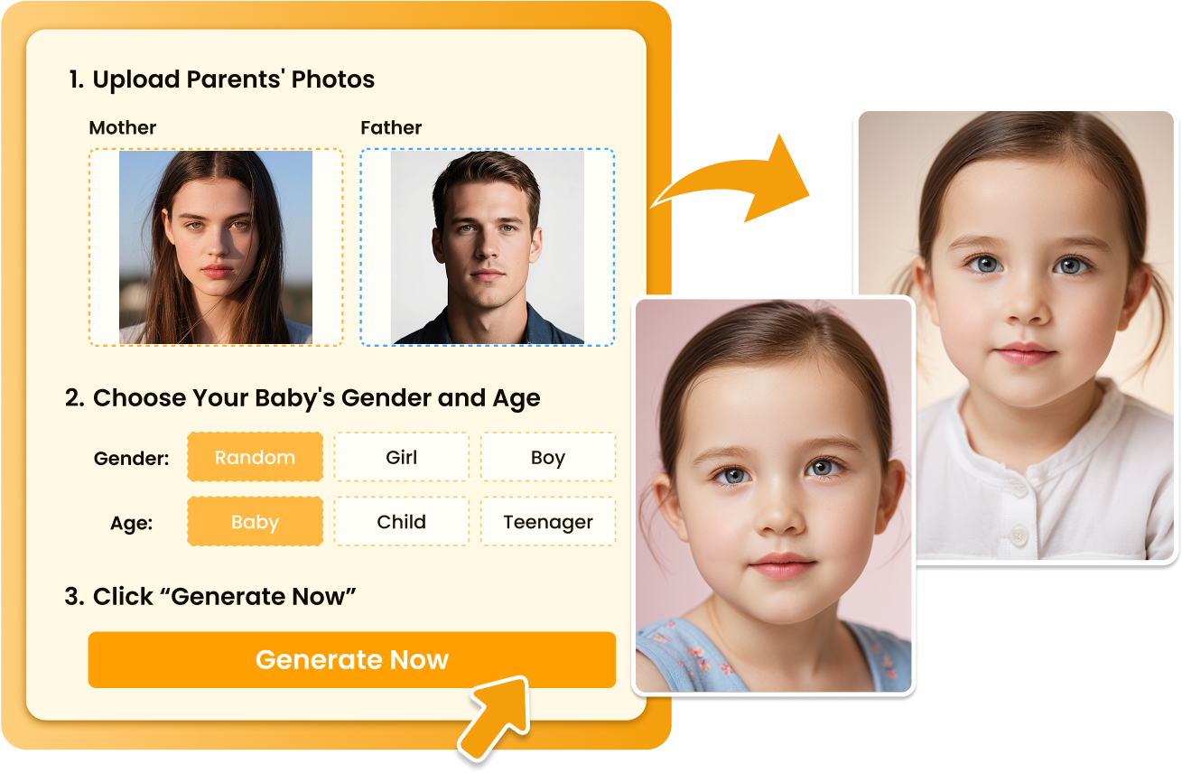 AI baby generator interface showing upload and customization options